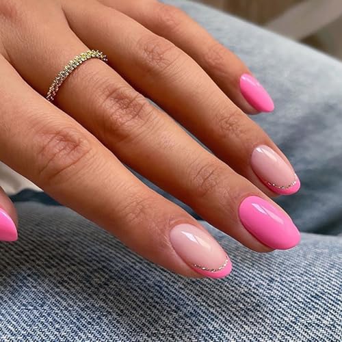 24 Stück kurze runde falsche Nägel, einfache künstliche französische Spitze, zum Aufkleben, glitzernd, zum Aufdrücken für Damen von pumpumlia