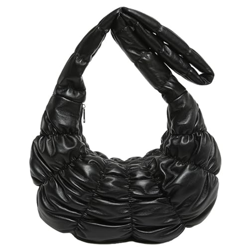 Damen Schultertasche mit großem Fassungsvermögen, gepolstert, gesteppt, einfarbig, PU-Leder, mit Reißverschluss, plissiert, Geldbörse für Damen, Schwarz , One Size von pumpumlia