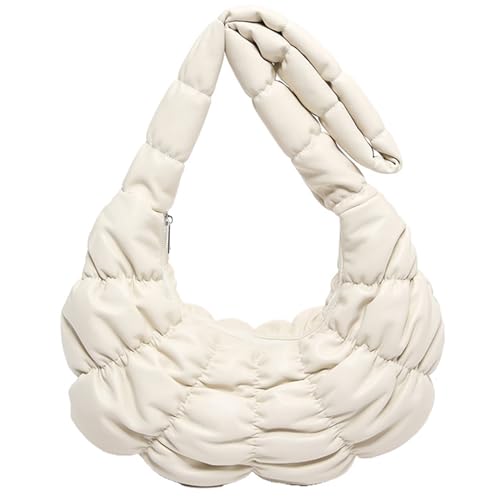 Damen Schultertasche mit großem Fassungsvermögen, gepolstert, gesteppt, einfarbig, PU-Leder, mit Reißverschluss, plissiert, Geldbörse für Damen, beige, One Size von pumpumlia