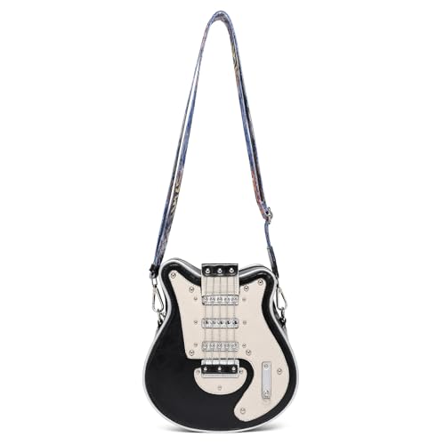 Gitarren-inspirierte Umhängetasche aus PU-Leder mit verstellbarem Riemen, modische Schultertasche für bequemes Tragen, Tragetasche, Schwarz , One Size von pumpumlia
