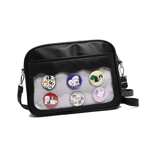 Itabag Umhängetasche mit transparenter Anstecknadel im japanischen Stil, PU-Leder, Kuriertasche, für Studenten, Schule, klares Pin-Display, PU-Leder, Umhängetasche, Studentenschule, Schwarz , One Size von pumpumlia