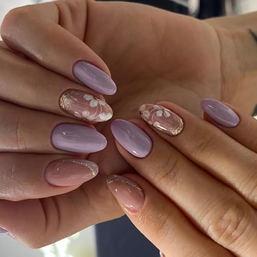 Künstliche Fingernägel in Mandelform, weiße Blumen, künstliche französische Spitze, zum Aufkleben, glänzend, für Damen, 24 Stück von pumpumlia