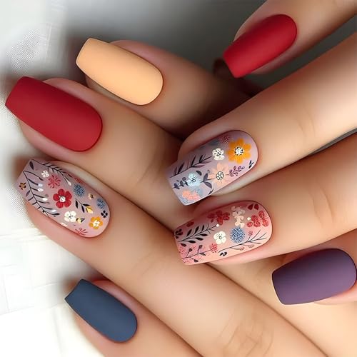 Künstliche Nägel zum Aufdrücken mit Blume, Sarg, matt, volle Abdeckung, falsche Klebstoffe für Frauen und Mädchen, Acrylkleber auf Nägel für Frauen, transparent, 24 Stück von pumpumlia