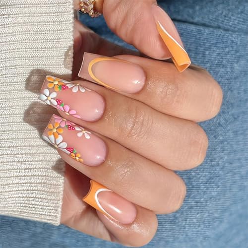 Quadratische Nägel zum Aufdrücken mit Erdbeer- und Blumendesign, französisches Acryl, künstlich, für Damen, 24 Stück, zum Aufkleben von pumpumlia