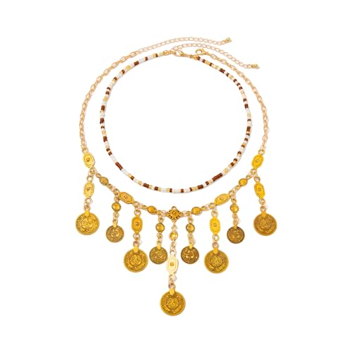 pumpumlia 1 Set handgefertigte Perlen-Akzent-Halskette, gehämmerter Metallanhänger und bewegliche Quasten, lässiger ethnischer Charm, Schichtschmuck von pumpumlia