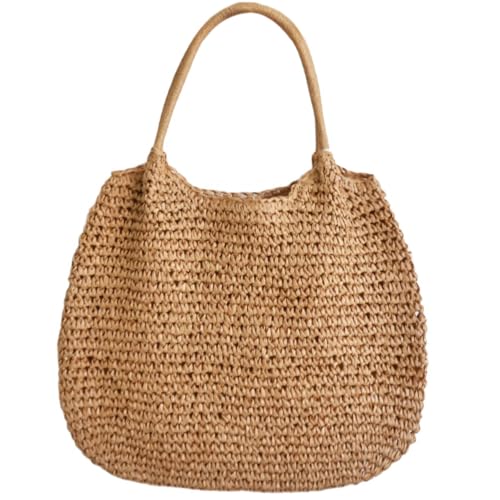 pumpumlia Elegante Damen-Strandtasche aus gewebtem Stroh, großes Fassungsvermögen, geflochtene Schultertasche für Freizeit, Urlaub und Einkauf, Khaki, einfarbig, One Size von pumpumlia