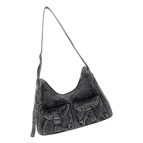 pumpumlia Zart gewaschene Jeans-Umhängetasche, leicht, praktisch, geräumiges Innendesign, Schultertaschen für den täglichen Gebrauch, stilvolle Umhängetasche für Pendler, Schwarz , One Size von pumpumlia