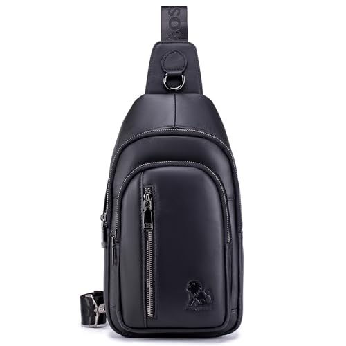 pundarika umhängetasche herren leder brusttasche herren crossbody sling bag,männer tasche Echtes Leder crossbody bag,tasche schultertasch multifunktional,Verstellbarer Schultergurt-Schwarz von pundarika