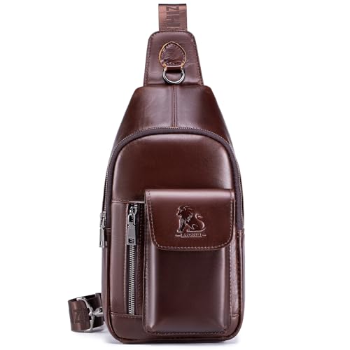 pundarika umhängetasche herren leder brusttasche herren sling bag,männer tasche Echtes Leder crossbody bag,tasche schultertasch multifunktional,Verstellbarer Schultergurt-Braun von pundarika