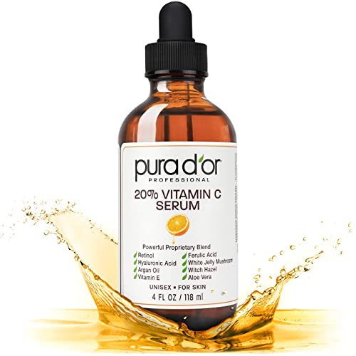 PURA D'OR 20% Vitamin C Serum Premium Professional Grade (118 ml) für Gesicht und Augen Vollständigste Formel Hyaluronsäure, Vitamin E und Arganöl, Behandlung von dunklen Flecken, Akne, Falten, Männern und Frauen von pura d'or