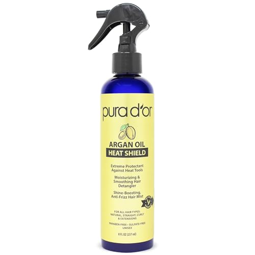 VGOSITE PURA D'OR Arganöl Hitzeschutz-Spray (237 ml) mit Bio-Arganöl: Schützt bis zu 450 °C vor Glätteisen und Föhnen Ausspülung: für trockenes und geschädigtes Haar von pura d'or