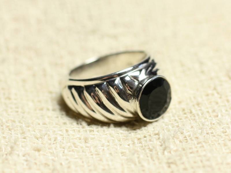 N121 - 925Er Silberring Und Stein Facettierter Runder Schwarzer Onyx 9 Mm von purbijou