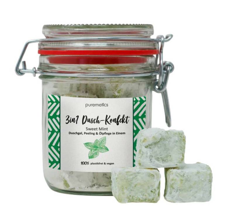 puremetics Körperpeeling 3in1 Dusch-Konfekt - Sweet Mint 10 Stück im Dekoglas 200g von puremetics