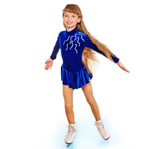 purpleq Damen Langarm Eiskunstlauf Kleid Kinder Mädchen Samt Langarm Strass Gymnastik Rollkragenpullover Langarm Kürkleid Mit Strass Rollkunstlauf Wettbewerb Tanzanzug,Blau,M von purpleq