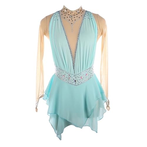 purpleq Eiskunstlauf Kleid Mädchen Kürkleid Kid Langarm Rollkragenpullover Gymnastik Leotards Frauen Strass Ballerina Outfits Asymmetrisch Rock Wettbewerb Tanzkostüm,Light Blue,3XL von purpleq