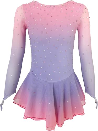 purpleq Eiskunstlauf Kleid Mädchen Kürkleid Langarm Mesh Glitzer Ballettkleid Tanzkleid Gymnastik Bekleidung Strass Rollkunstlauf Wettbewerb Tanzanzug Gymnastikanzug Mädchen,Rosa,M von purpleq