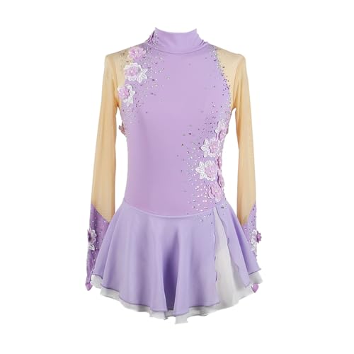 purpleq Eiskunstlauf Kleid Mädchen Kürkleid Strass Gymnastik Leotard Rollkunstlauf Wettbewerb Tanzanzug Eiskunstlauf Zubehör Ballerina Kleid Latein Tanzkleid,Light Purple,M von purpleq