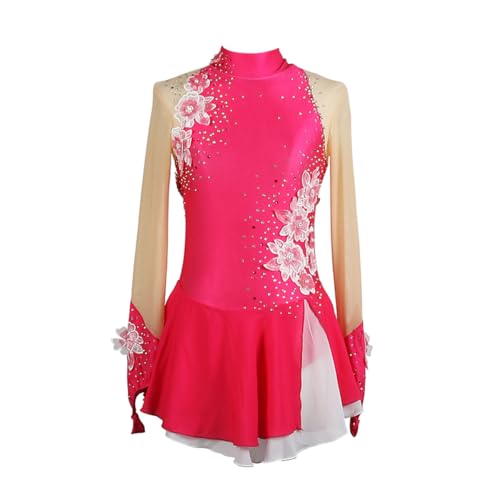 purpleq Eiskunstlauf Kleid Mädchen Kürkleid Strass Gymnastik Leotard Rollkunstlauf Wettbewerb Tanzanzug Eiskunstlauf Zubehör Ballerina Kleid Latein Tanzkleid,Rose red,XS von purpleq