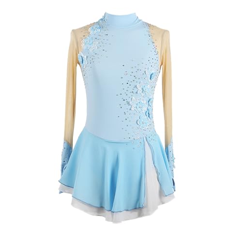 purpleq Eiskunstlauf Kleid Mädchen Kürkleid Strass Gymnastik Leotard Rollkunstlauf Wettbewerb Tanzanzug Eiskunstlauf Zubehör Ballerina Kleid Latein Tanzkleid,Sky Blue,XS von purpleq