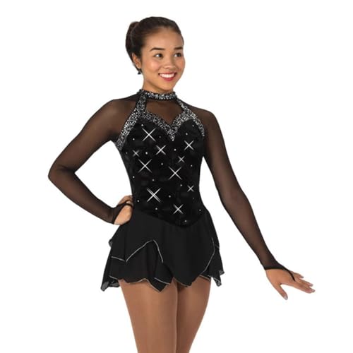 purpleq Glitzer Eiskunstlauf Kleid Damen Velvet Gymnastik Trikot Langarm Kürkleid Mit Strass Rollkunstlauf Wettbewerb Tanzanzug Stretch Ballerina Kleid Für Damen,Schwarz,M von purpleq