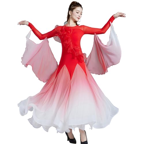 purpleq National Standard Ballsaal Tanzen Leistungskostüm Langärmlige Walzer Tango-Tanzkleider Latein Tanz Kleider Tango Soziale Wettbewerb Kostüme Großem Swingrock,Rot,3XL von purpleq