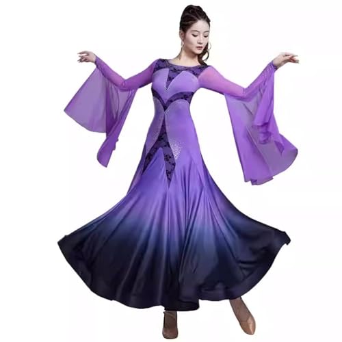 purpleq Walzer Tango-Tanzkleider Standard-Ballsaalkleid Gradient Großem Swingrock Damen Standard Wettbewerb Kleider Flamenco Kleid Party-Tanzkostüme für Frauen,Lila,XXL von purpleq