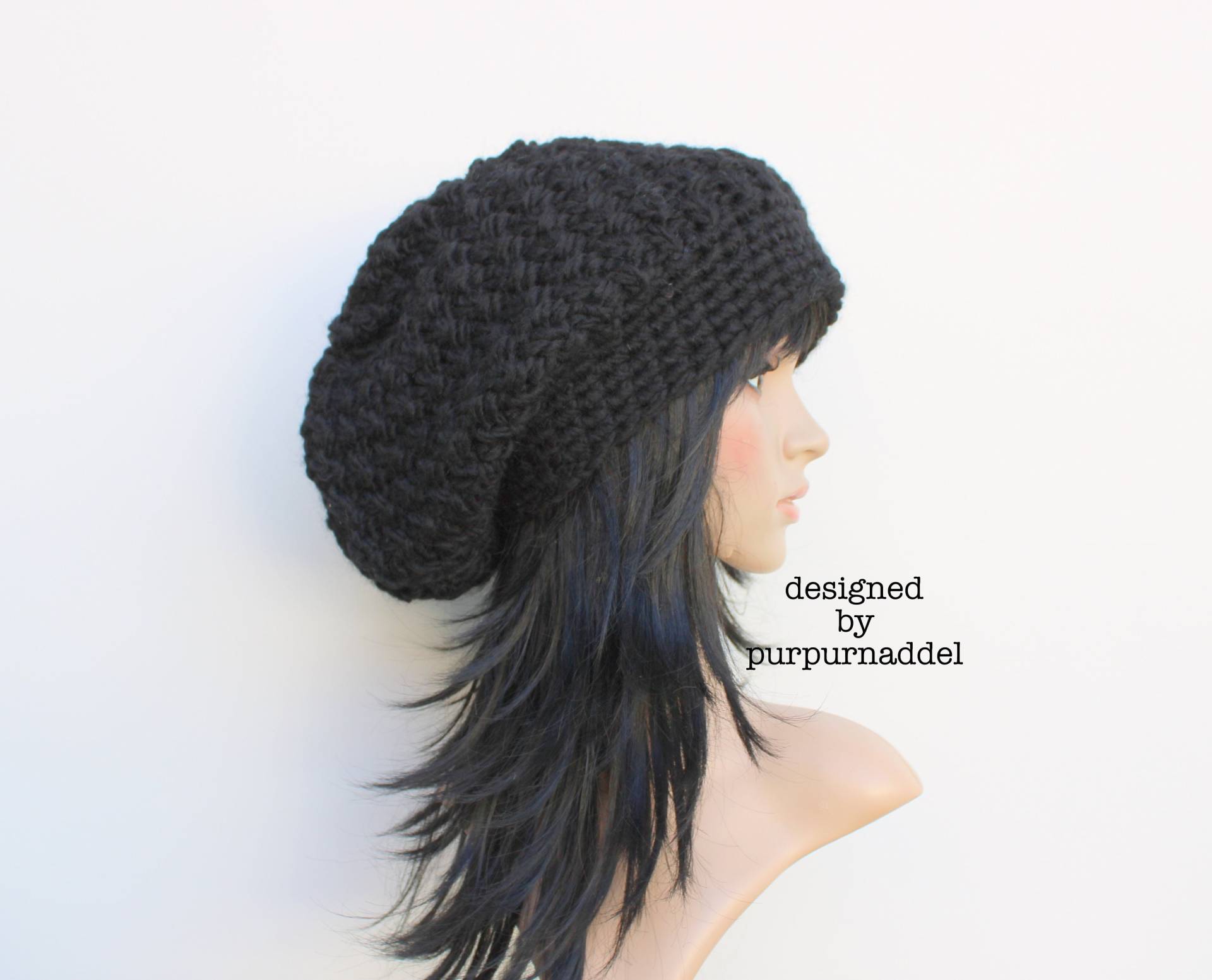 Chunky Hat, Lange Beanie, Schwarz, Für Frauen, Slouchy, Strickmütze von purpurnaddel