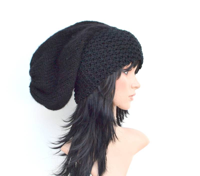 Chunky Hat, Lange Beanie Dunkel Schwarz von purpurnaddel