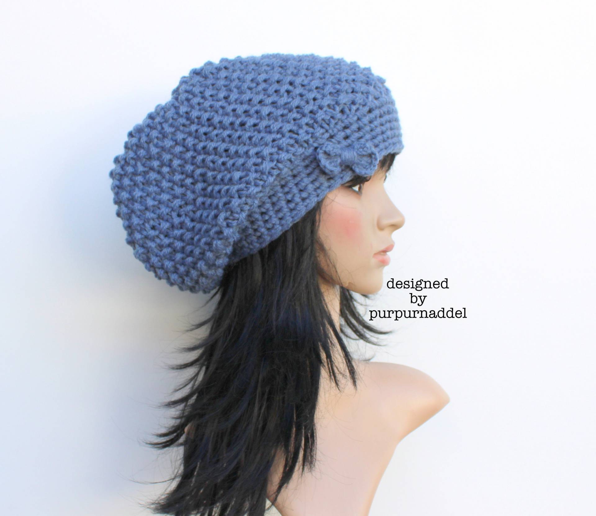 Chunky Hat, Long Beanie, Jeansblue, For Women, Slouchy, Strickmütze von purpurnaddel