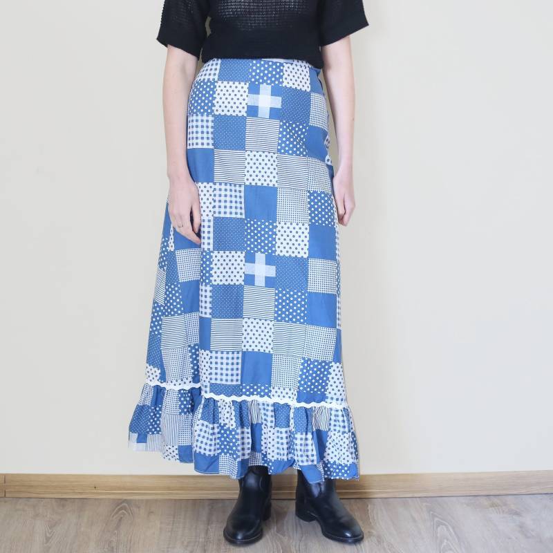 Langer Patchworkmuster Rock, A-Linie Rüschen Blauer S von serpyne