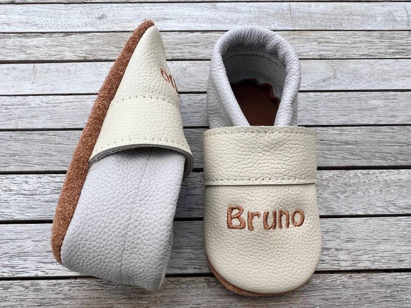 Lederpuschen, Krabbelschuhe Uni Beige/Hellgrau | Auch Andere Farbkombinationen Möglich von puschenpowerShop