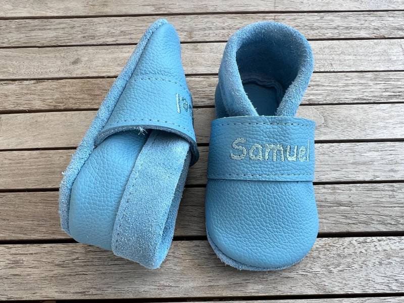 Lederpuschen, Krabbelschuhe Uni Hellblau | Auch Andere Farbkombinationen Möglich von puschenpowerShop