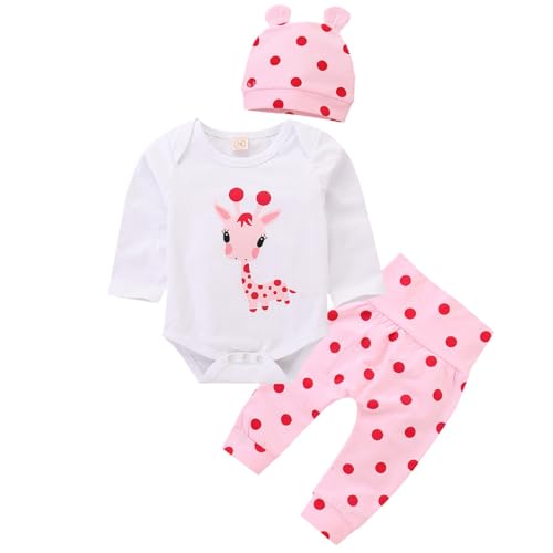 puseky Neugeborenes Baby Langarm Cartoon Giraffe Strampler + Polka Dot Hosen + Hut Bekleidung (0-3 Monate, Weiß + Pink) von puseky