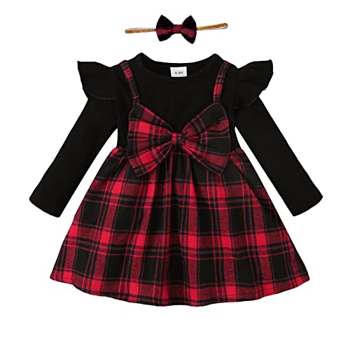 puseky Kleinkind Mädchen Kleid Kleinkind Mädchen Langarm Schleife Ruffle Fake Camisole Kleid Mode Plaid Print Patchwork Kleid von puseky