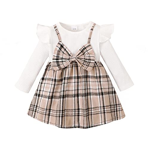 puseky Baby Mädchen Kleid Langärmeliges Ruffle Plaid Kleid Niedliche Bowknot Spleißen Herbst Winter Kleider 2-3 Jahre Khaki von puseky