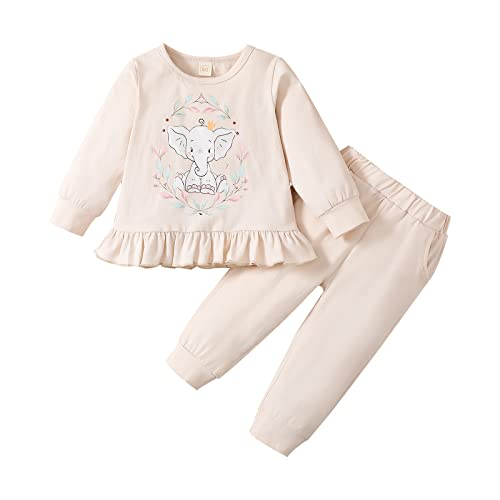 puseky Baby Mädchen Outfit Set Kleidung Cartoon Langarm Ruffle Shirt Hose Girl Sweatshirt+Hose+Stirnband Set, 3-4 Jahre, Cremefarben von puseky