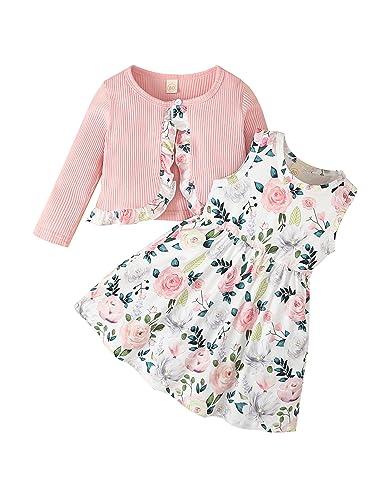 puseky Kleinkind Baby Mädchen Kleider und Strickjacke Set Baby Girl Floral Print Ärmelloses Kleider und Mantel Set 18-24 Monate von puseky