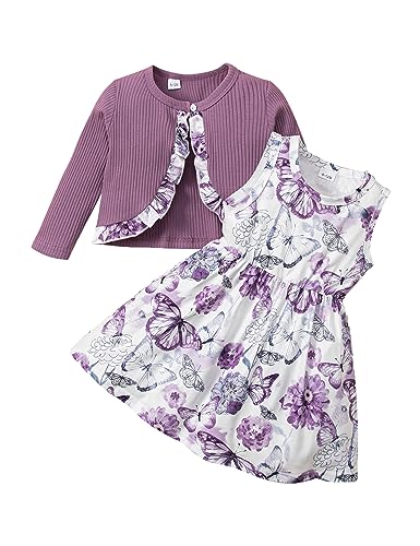 puseky Kleinkind Baby Mädchen Kleider und Strickjacke Set Baby Girl Floral Print Ärmelloses Kleider und Mantel Set 3-4 Jahre von puseky