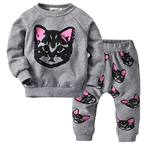 puseky Kleinkind Kinder Mädchen süße Katze Sweatshirt Tops und Hosen Trainingsanzug Outfits Set (9-12 Monate, Grau) von puseky