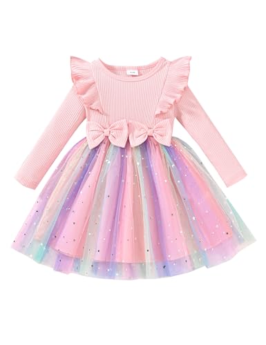 puseky Kleinkind Mädchen Kleider Lange Ärmel Pailletten Tüll Kleid für Mädchen Prinzessin Kleid für Hochzeit Geburtstag Party Tutu Kleid 5-6 Jahre von puseky