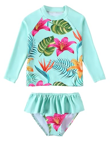 puseky Mädchen Rash Guard Badeanzug Set 2 Stück Badeanzug mit Ruffle Bikini Bottoms Langarm Schwimmen Sets 9-10 Jahre von puseky