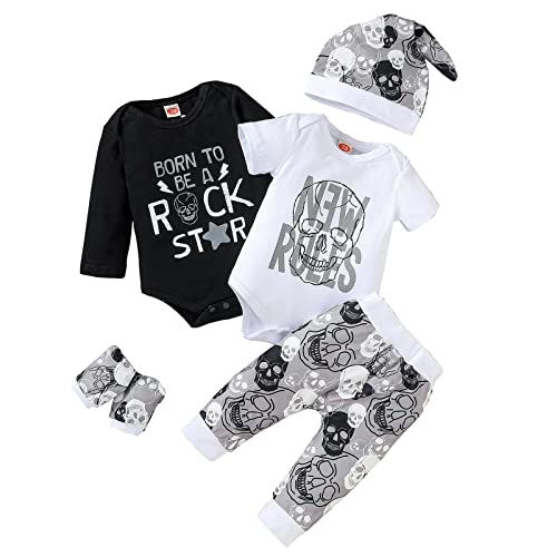 puseky Neugeborene Baby Boy Kleidung Set Schädel Druck 2-Stücke Kurzarm Langarm Strampler Hose Hut Handschuhe 5Pcs Outfits von puseky