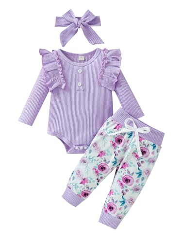 puseky Neugeborenes Baby Mädchen Kleidung 3-6 Monate geraffte lange Ärmel Strampler Jumpsuit und Floral Hosen Baby Girl Outfits Set Violett von puseky