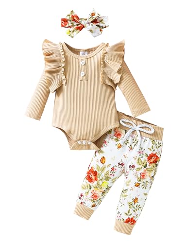 puseky Neugeborenes Baby Mädchen Kleidung 6-12 Monate geraffte lange Ärmel Strampler Jumpsuit und Floral Hosen Baby Girl Outfits Set Beige von puseky