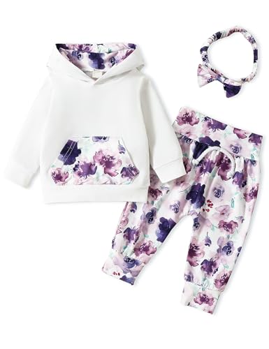 puseky Neugeborenes Baby Mädchen Kleidung Blumen Kapuzenpullis Sweatshirt-Oberteile mit Tasche Blume Hose Bekleidungsset 0-3 Monate von puseky