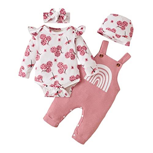 puseky Neugeborenes Baby Mädchen Kleidung Langarm Rüschen Blumen Strampler Hosenträger Overall Hose Stirnband Hüte Outfit Kleidung von puseky