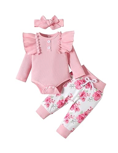 puseky Neugeborenes Baby Mädchen Kleidung geraffte lange Ärmel Strampler Jumpsuit Floral Hosen mit Stirnband Winter Herbst Outfit Anzug 3-6 Monate von puseky