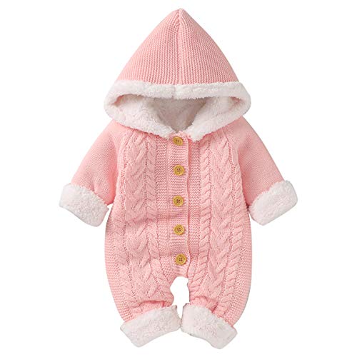 puseky Neugeborenes Baby Mädchen Stricken Fleece Wram Strampler Overall Hoodie Einteilige Oberbekleidung,Rosa-vlies,12-18 Monate (80cm) von puseky