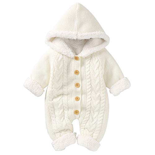 puseky Neugeborenes Baby Mädchen Stricken Fleece Wram Strampler Overall Hoodie Einteilige Oberbekleidung,Weiß-vlies,12-18 Monate (80cm) von puseky