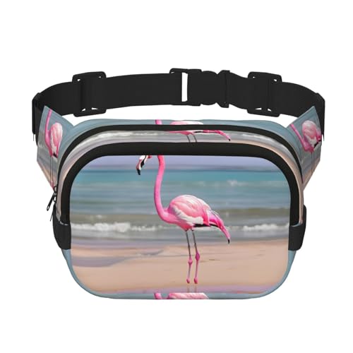 Quadratische Hüfttasche mit pinkem Flamingo am Strand, doppellagig, trendige Reise-Hüfttasche für Damen und Herren, Schwarz, Einheitsgröße von pvinnk